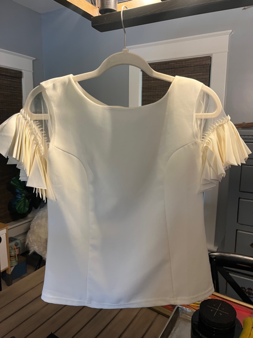 Illusion Mesh and Ruffle Sleeve Ivory Blouse
